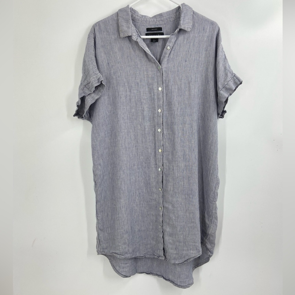 Tahari 100% Linen Shirt Dress Coverup Blue and White stripes Large